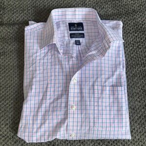 Stafford Shirt Mens 16‎ 1/2- 34/35 Pink Travel Wrinkle Free Oxford Cotton Blend
